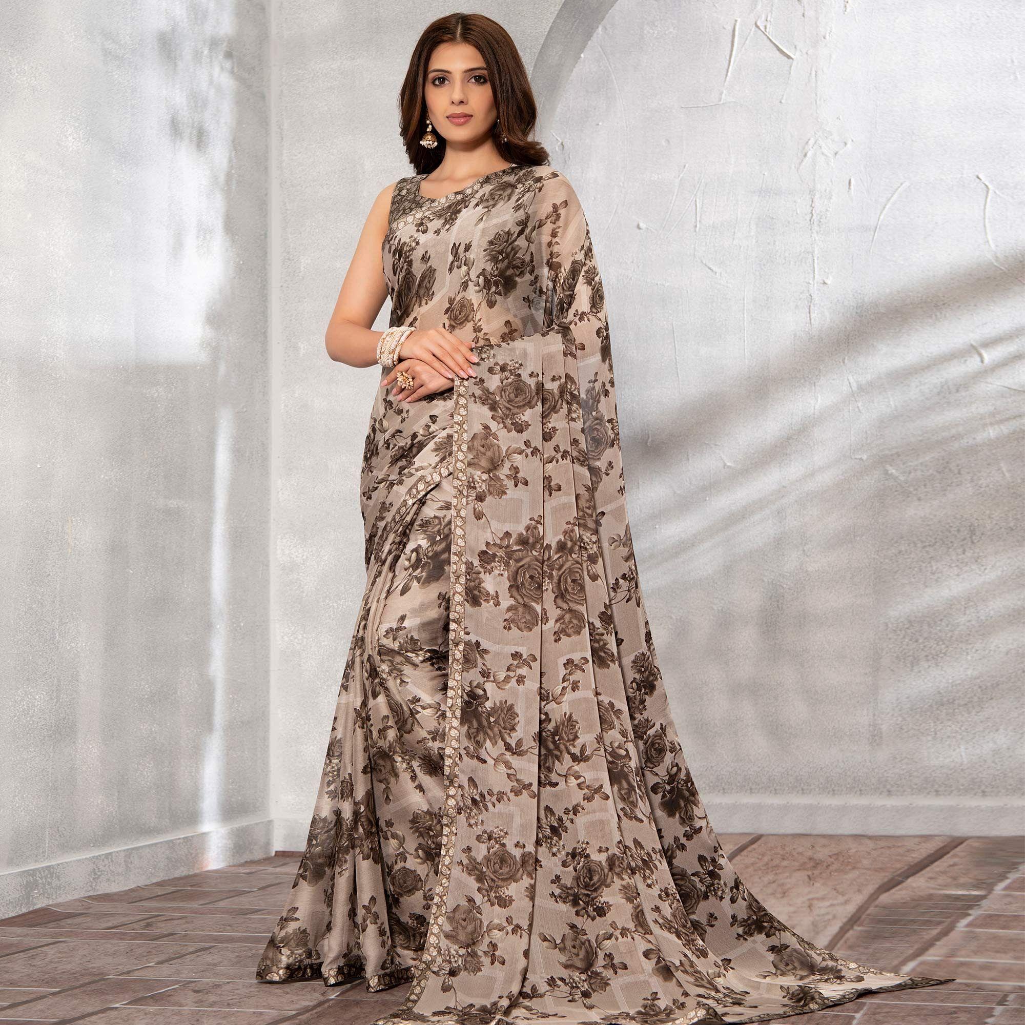 Light Brown Floral Printed Chiffon Saree - Peachmode