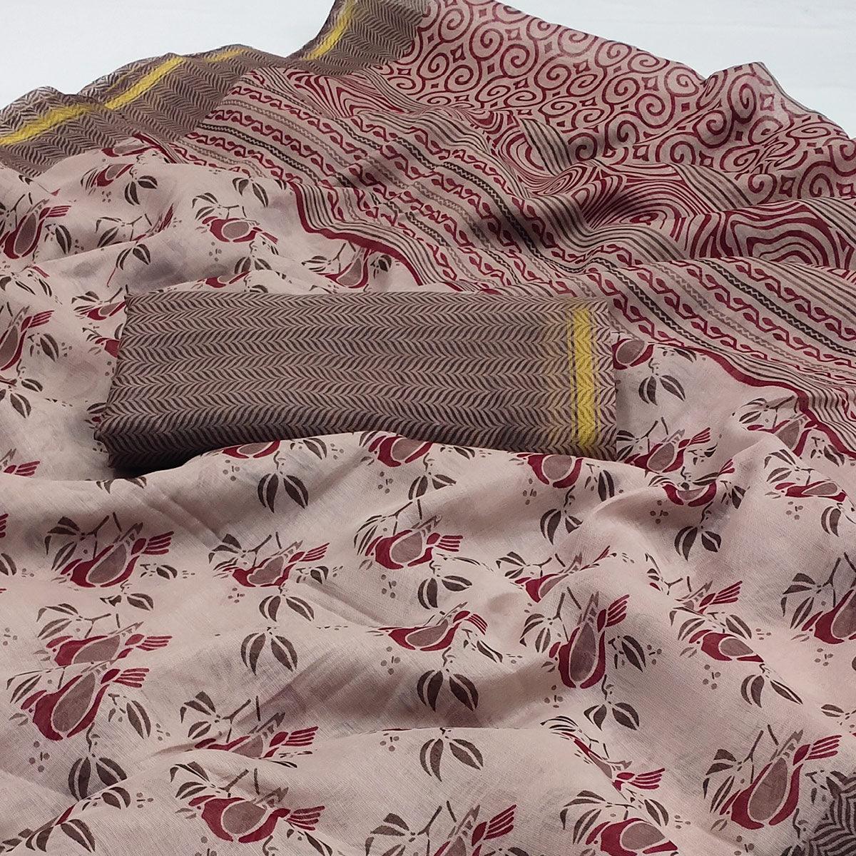 Light Brown Floral Printed Cotton Blend Saree - Peachmode