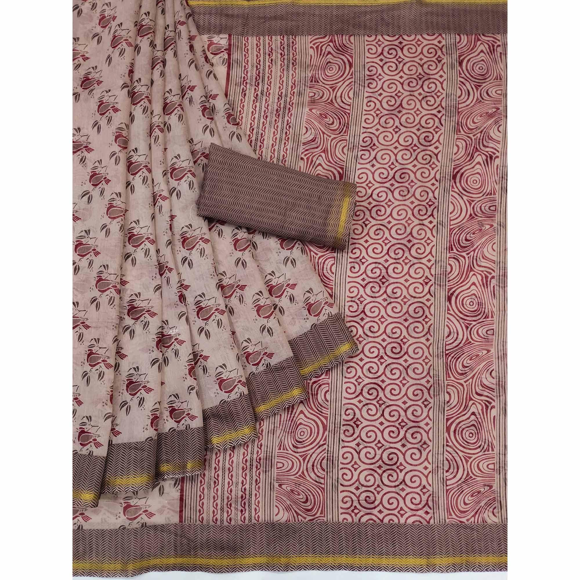 Light Brown Floral Printed Cotton Blend Saree - Peachmode