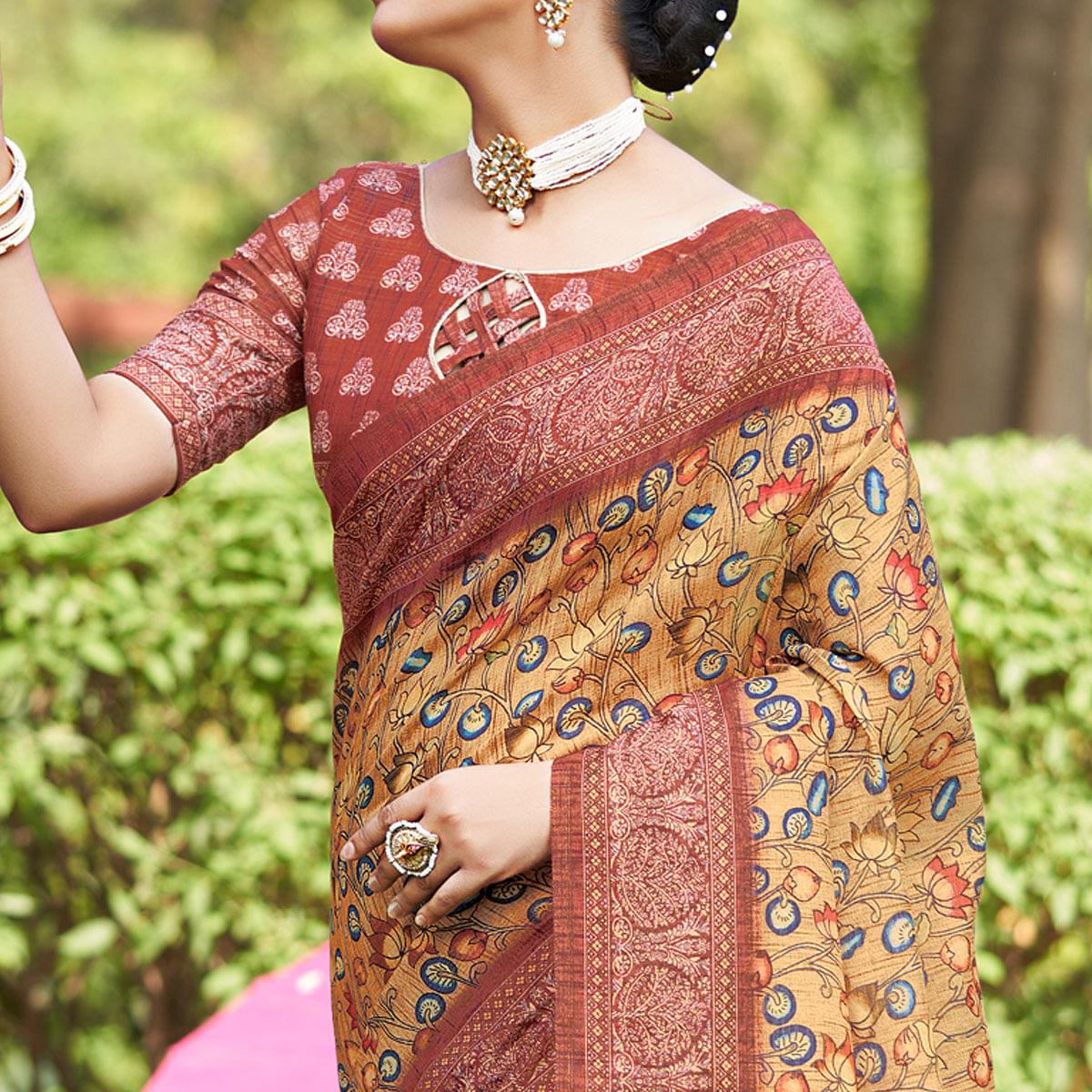 Light Brown Kalamkari Digital Printed Linen Saree With Tassels - Peachmode