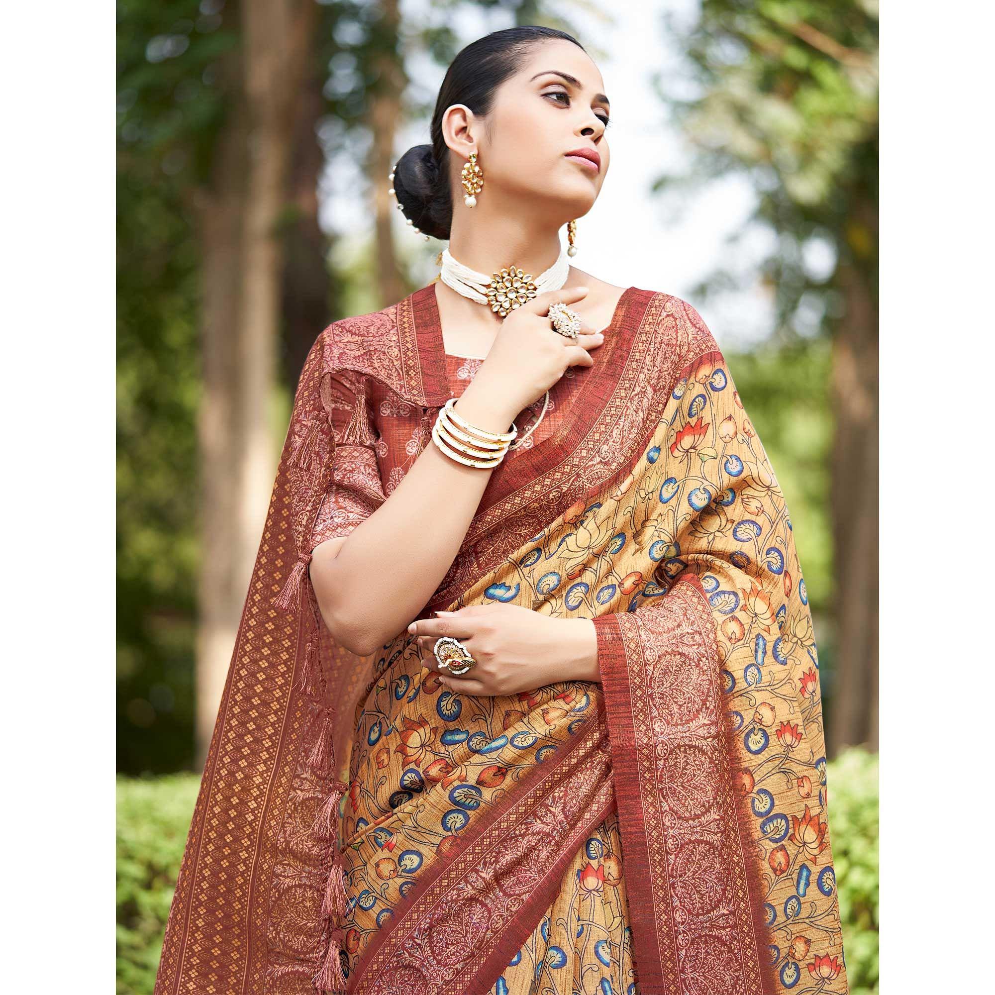 Light Brown Kalamkari Digital Printed Linen Saree With Tassels - Peachmode