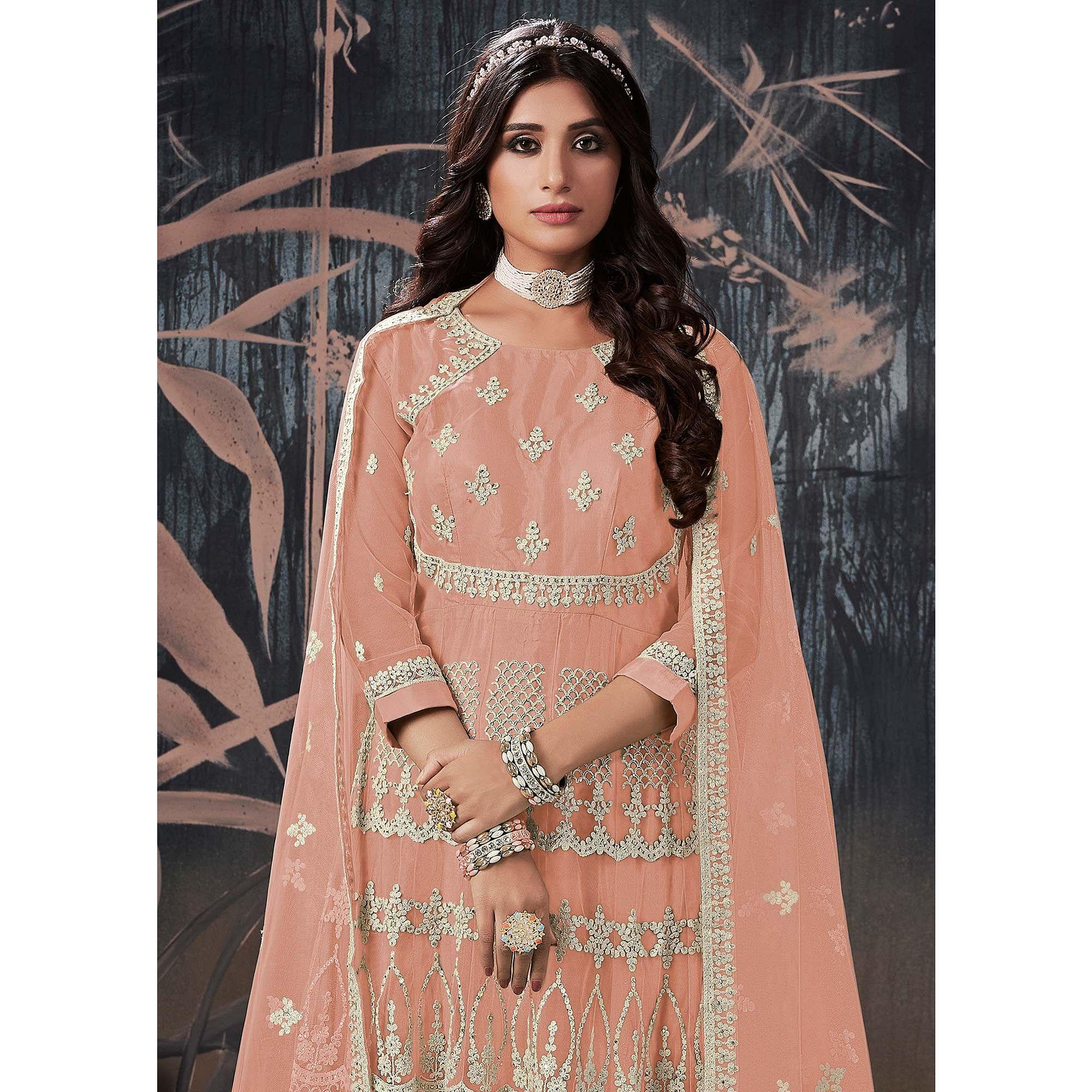 Light Brown Partywear Embroidery With Embellished Net Gown - Peachmode