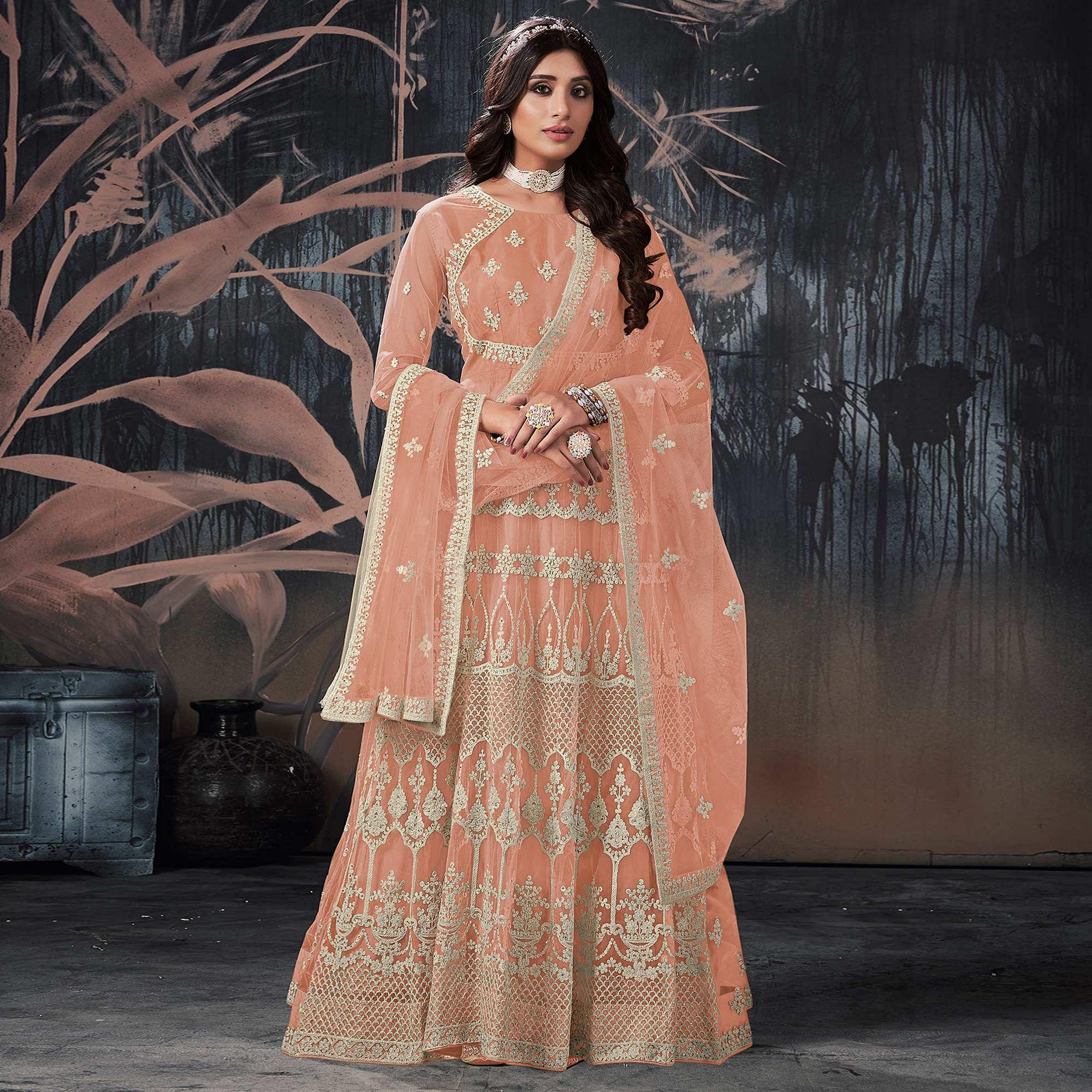Light Brown Partywear Embroidery With Embellished Net Gown - Peachmode