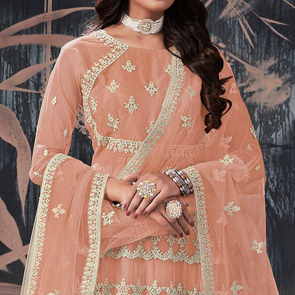 Light Brown Partywear Embroidery With Embellished Net Gown - Peachmode