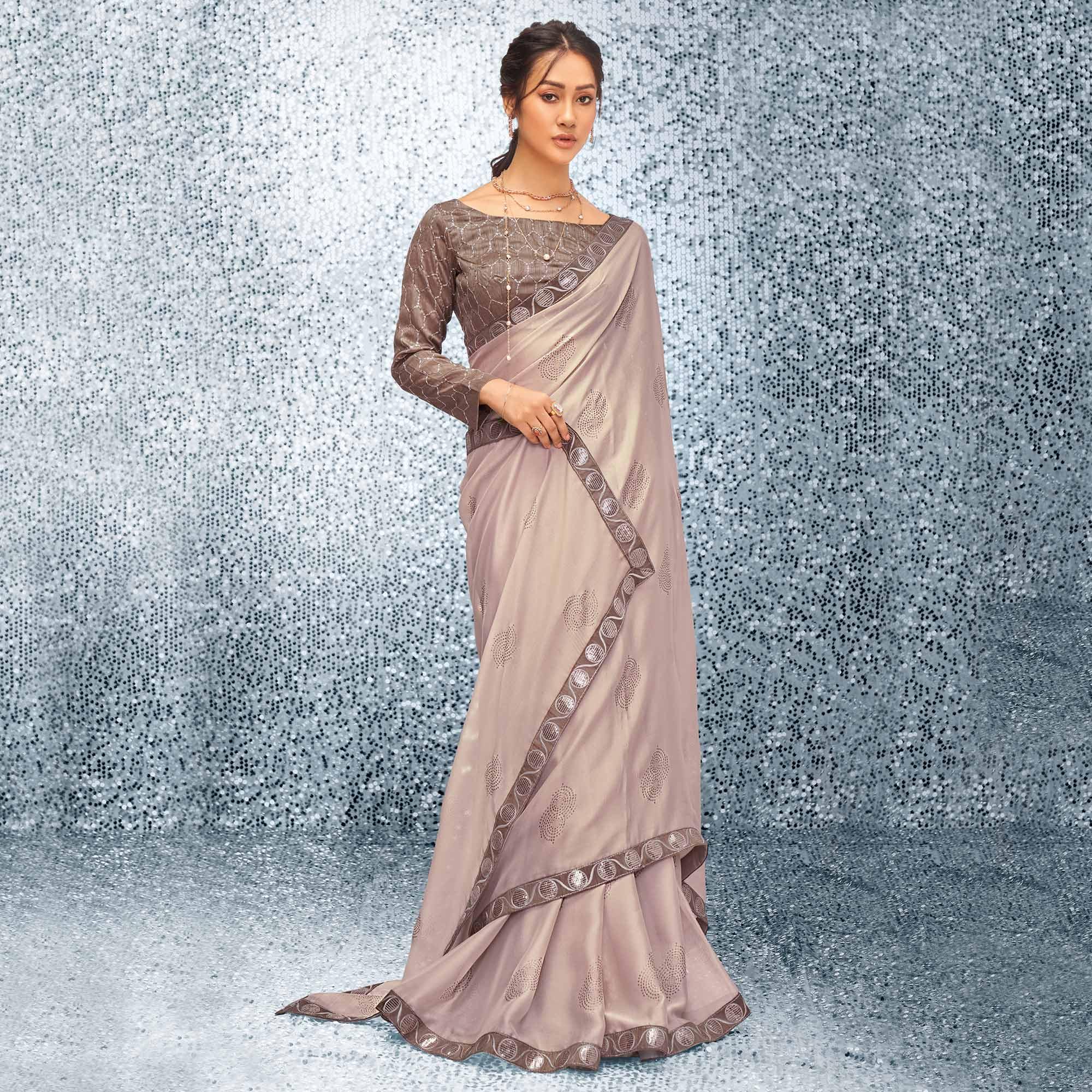 Light Brown Sequence Embroidered Chiffon Saree - Peachmode