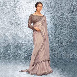 Light Brown Sequence Embroidered Chiffon Saree - Peachmode