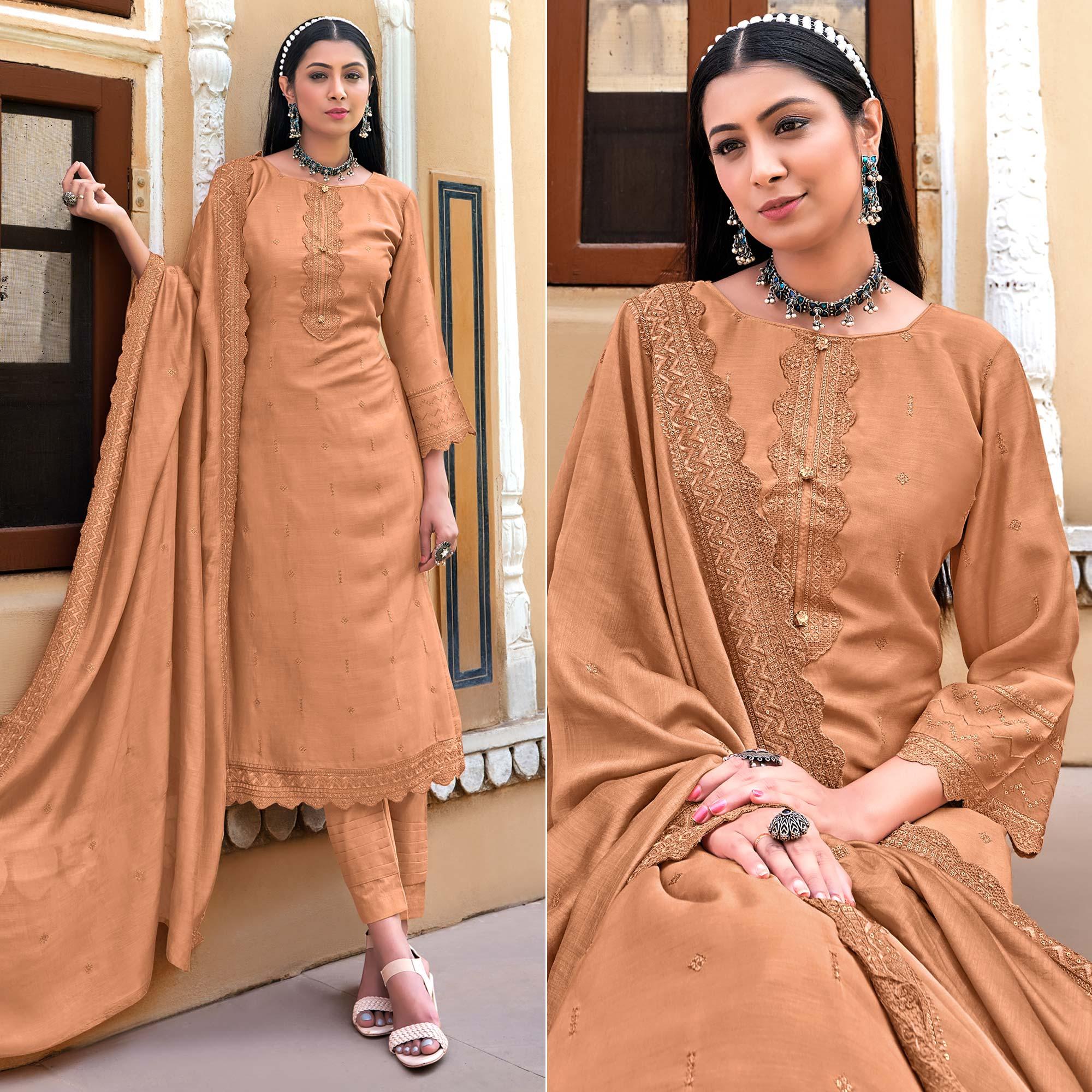 Light Brown Sequence Floral Embroidered Muslin Suit - Peachmode