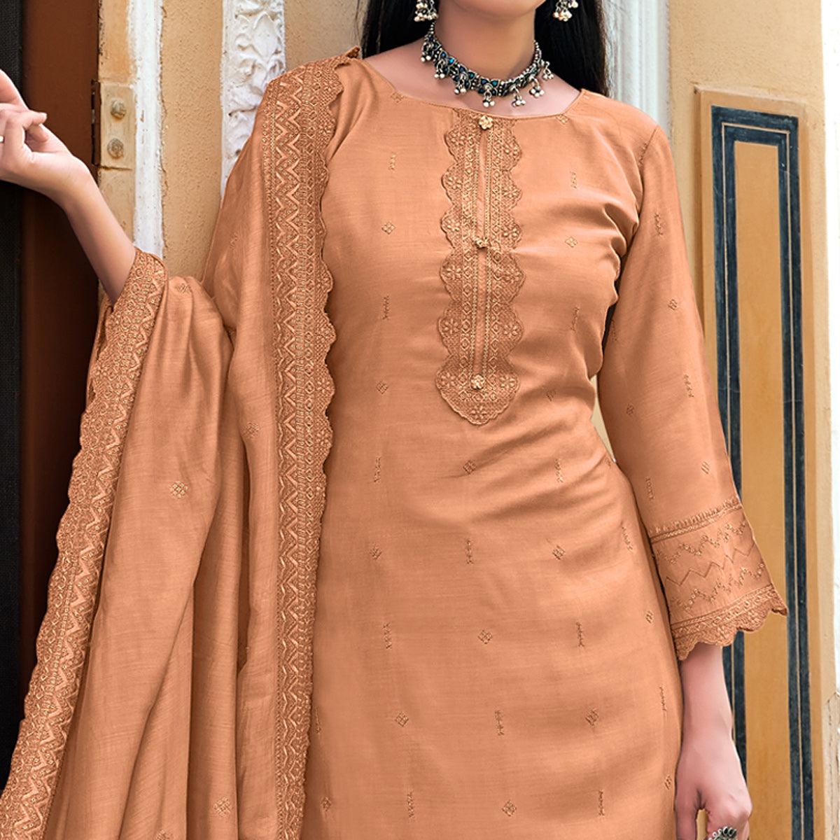 Light Brown Sequence Floral Embroidered Muslin Suit - Peachmode