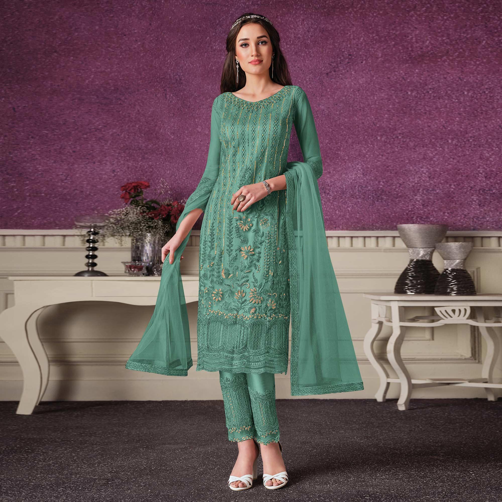 Light Cyan Floral Embroidery Designer Heavy Butterfly Net Partywear Suit - Peachmode
