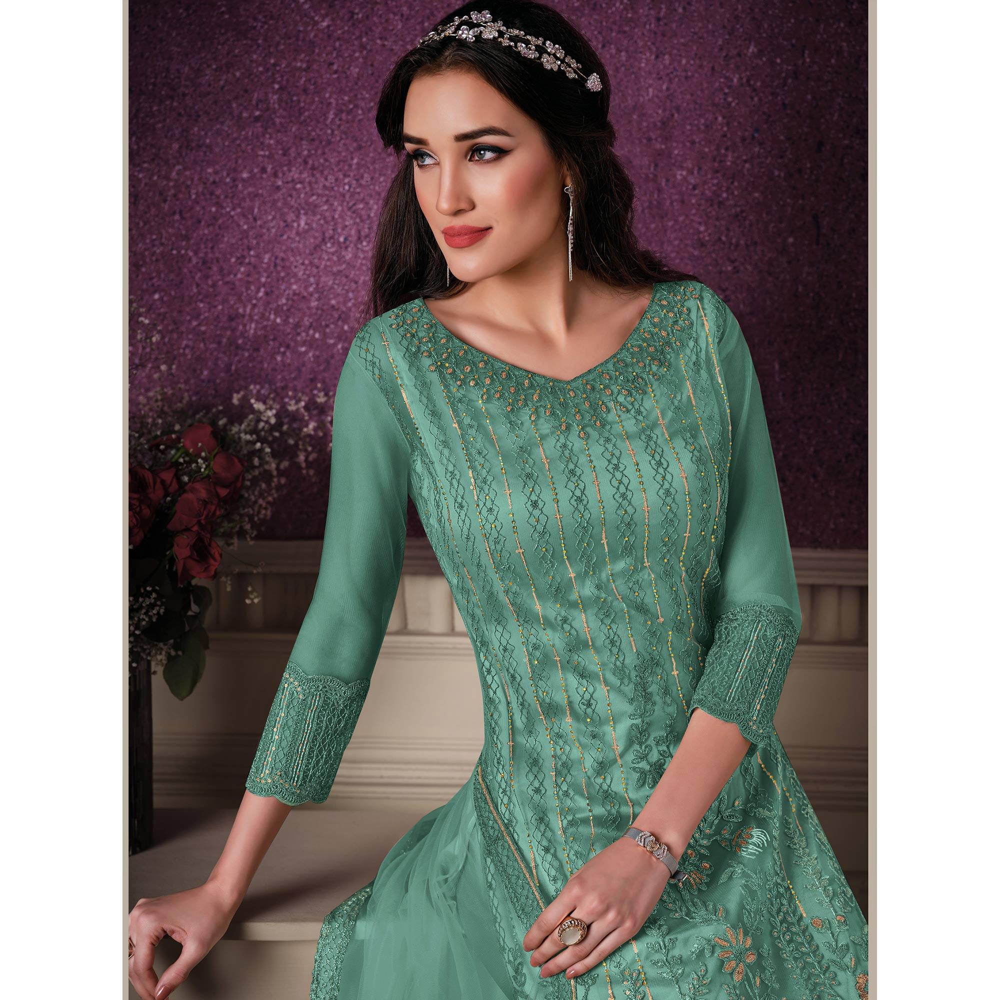 Light Cyan Floral Embroidery Designer Heavy Butterfly Net Partywear Suit - Peachmode