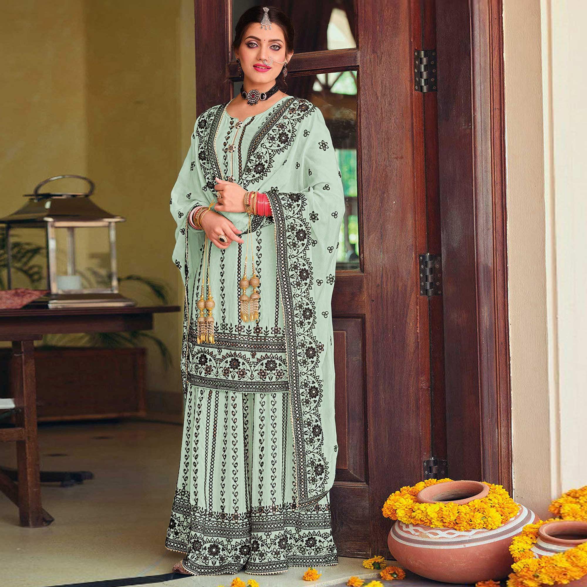 Light Cyan Green Partywear Designer Floral Embroidered Georgette Palazzo Suit - Peachmode