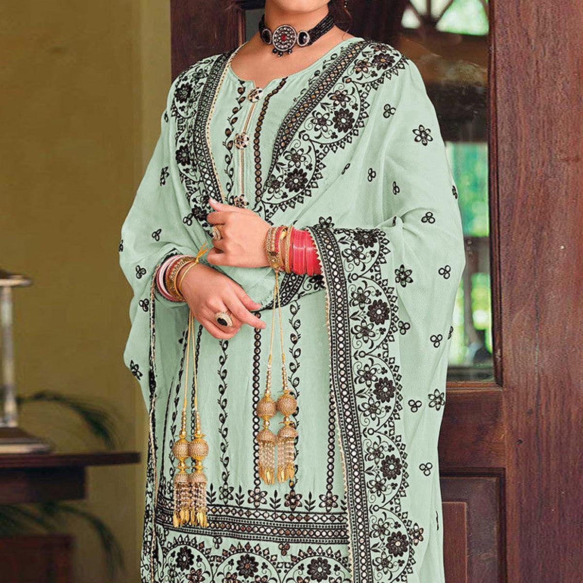 Light Cyan Green Partywear Designer Floral Embroidered Georgette Palazzo Suit - Peachmode