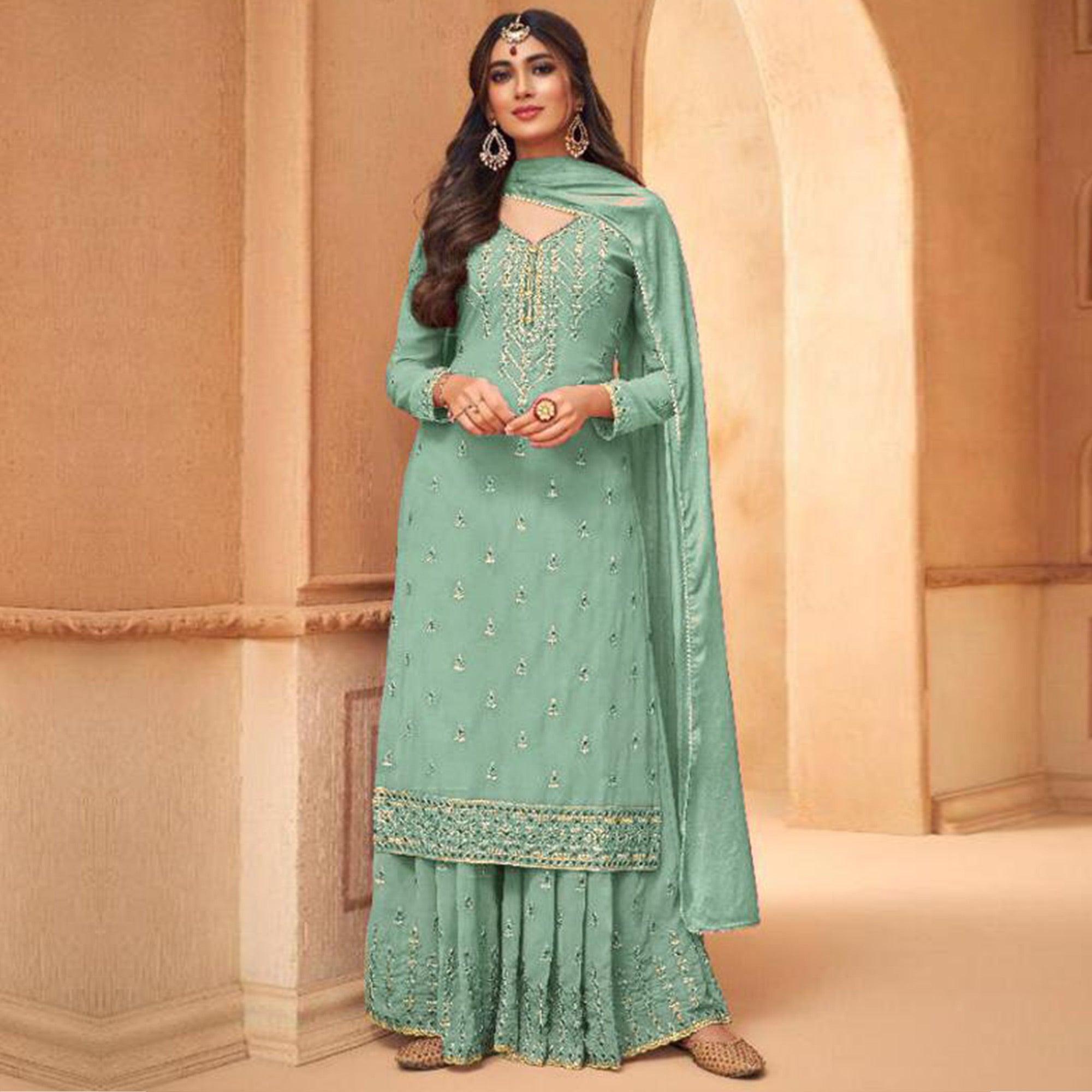 Light Cyan Partywear Designer Embroidery Heavy Faux Georgette Salwar suit - Peachmode