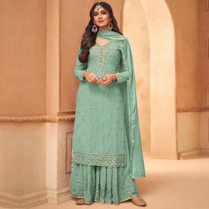 Light Cyan Partywear Designer Embroidery Heavy Faux Georgette Salwar suit - Peachmode