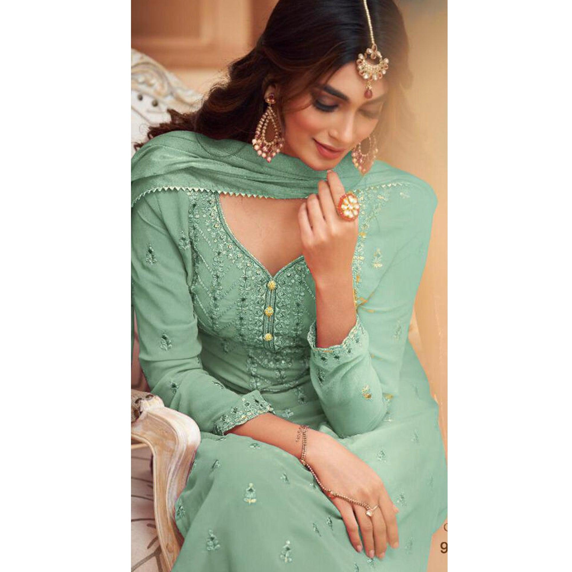 Light Cyan Partywear Designer Embroidery Heavy Faux Georgette Salwar suit - Peachmode