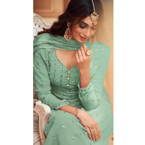 Light Cyan Partywear Designer Embroidery Heavy Faux Georgette Salwar suit - Peachmode