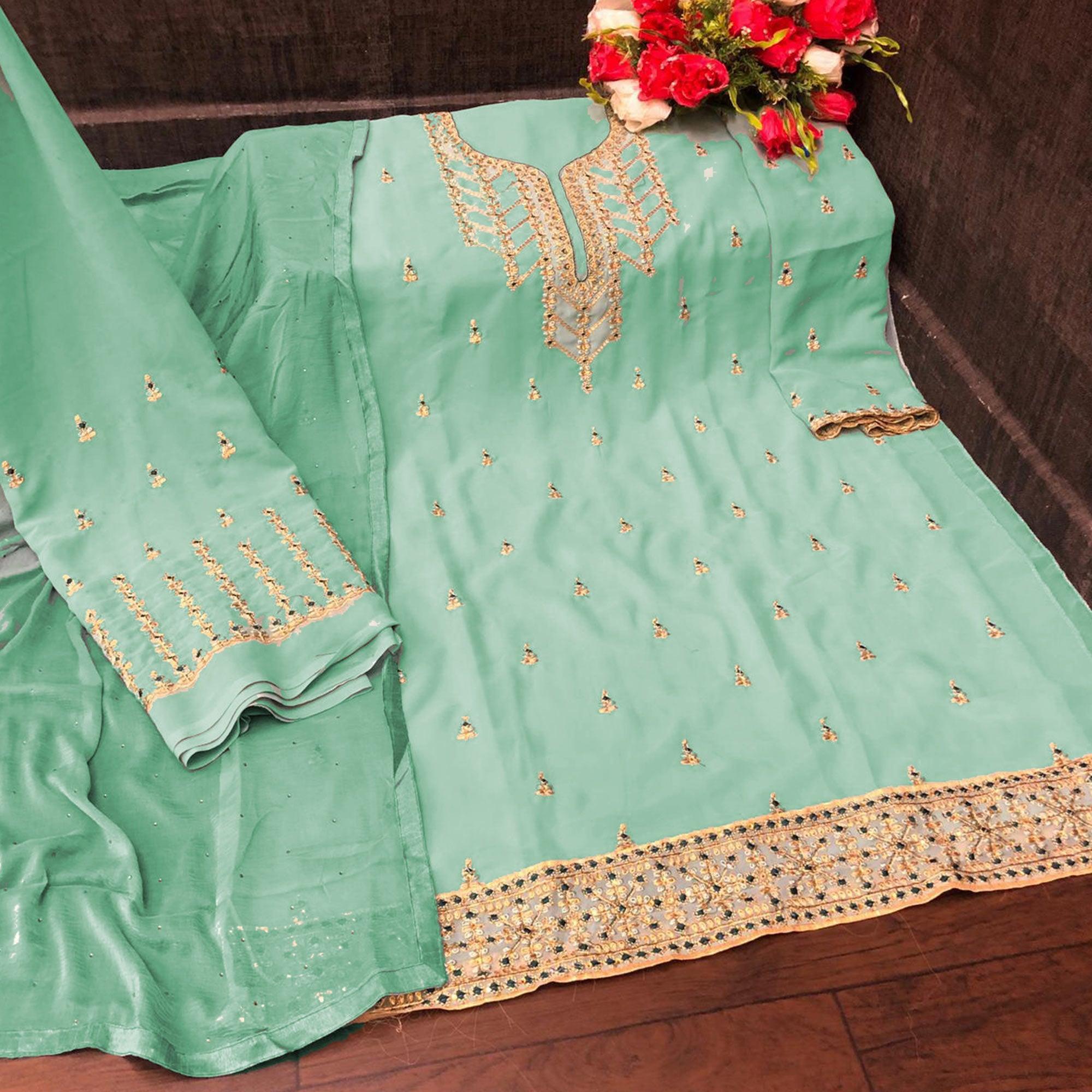 Light Cyan Partywear Designer Embroidery Heavy Faux Georgette Salwar suit - Peachmode