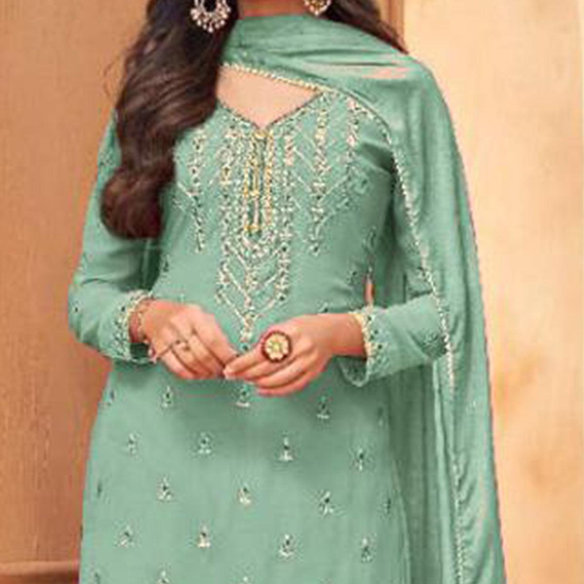 Light Cyan Partywear Designer Embroidery Heavy Faux Georgette Salwar suit - Peachmode