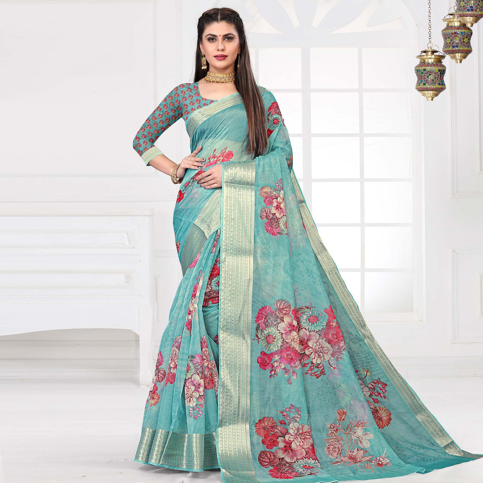 Light Ferozi Party Wear Floral Digital Printed With Jacquard Border Soft Georgette Saree - Peachmode
