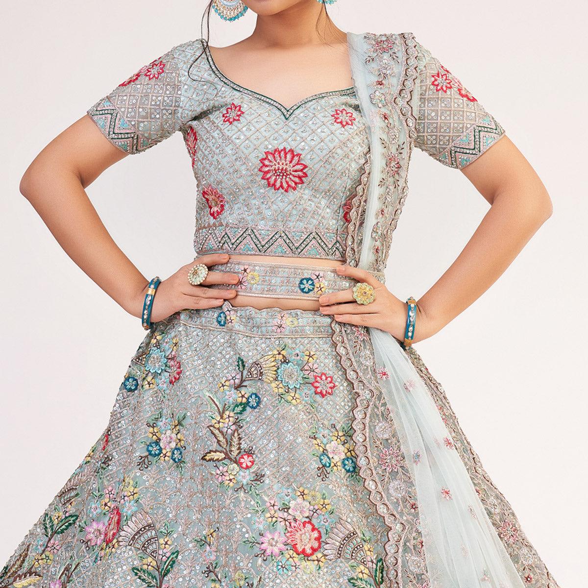 Light Firozi Wedding Wear Embellished Heavy Butterfly Net Lehenga Choli - Peachmode