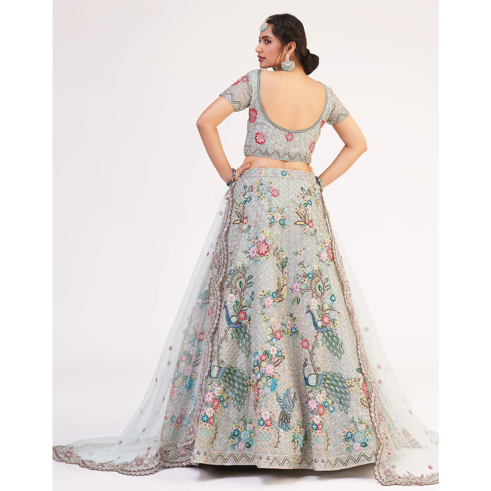 Light Firozi Wedding Wear Embellished Heavy Butterfly Net Lehenga Choli - Peachmode