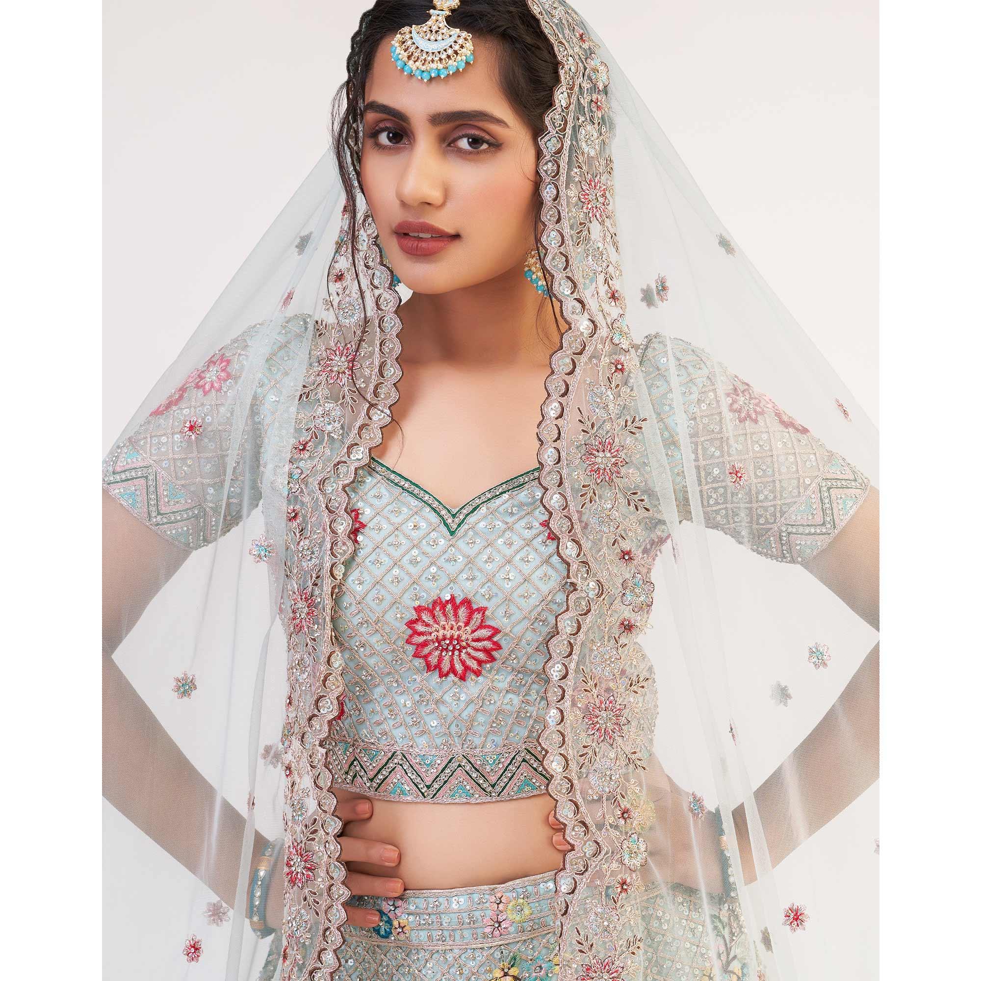 Light Firozi Wedding Wear Embellished Heavy Butterfly Net Lehenga Choli - Peachmode