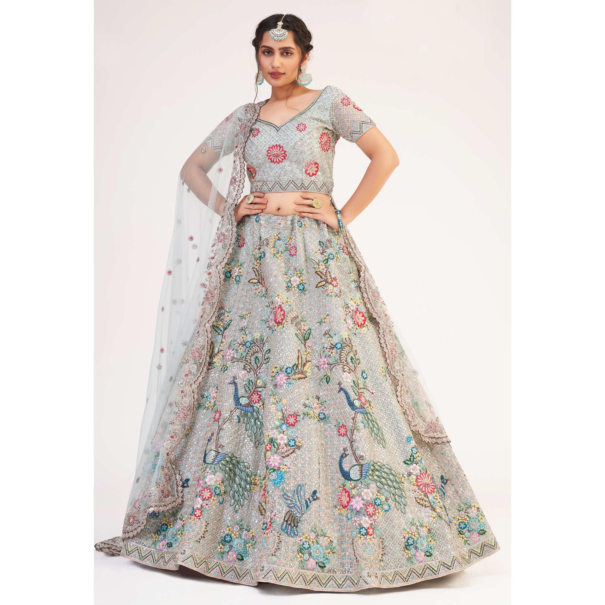 Light Firozi Wedding Wear Embellished Heavy Butterfly Net Lehenga Choli - Peachmode