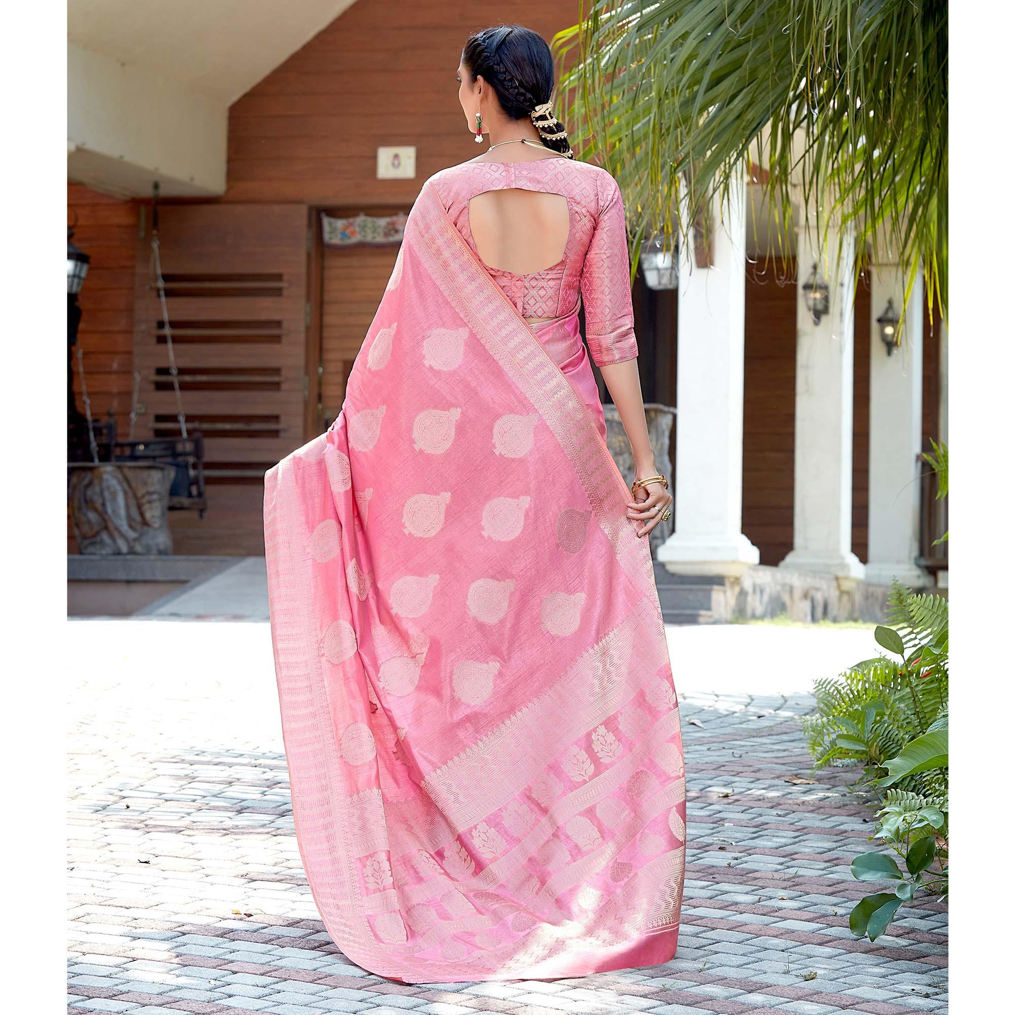Light Gajri Pink Festive Wear Jari Woven Art Silk Saree - Peachmode