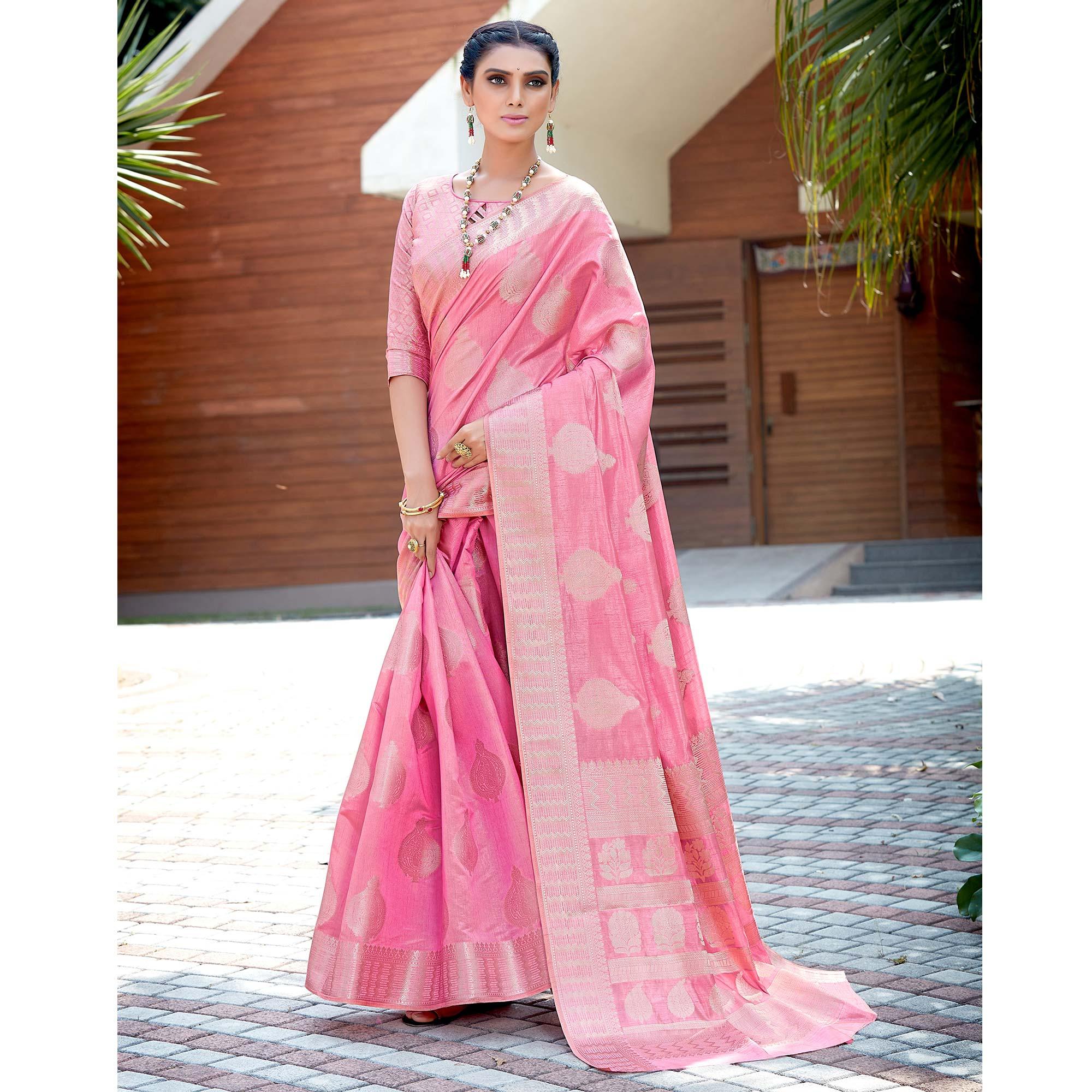 Light Gajri Pink Festive Wear Jari Woven Art Silk Saree - Peachmode