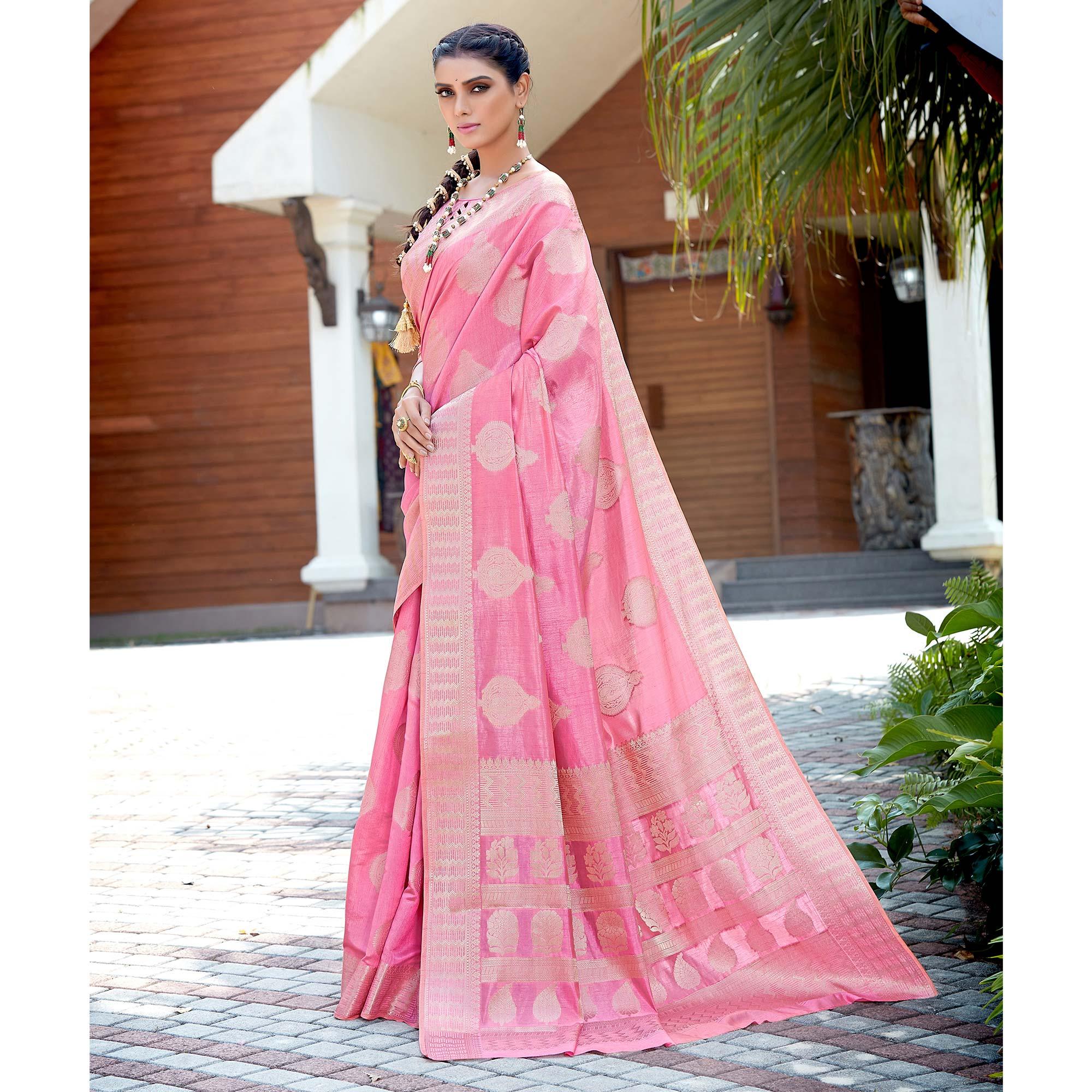 Light Gajri Pink Festive Wear Jari Woven Art Silk Saree - Peachmode