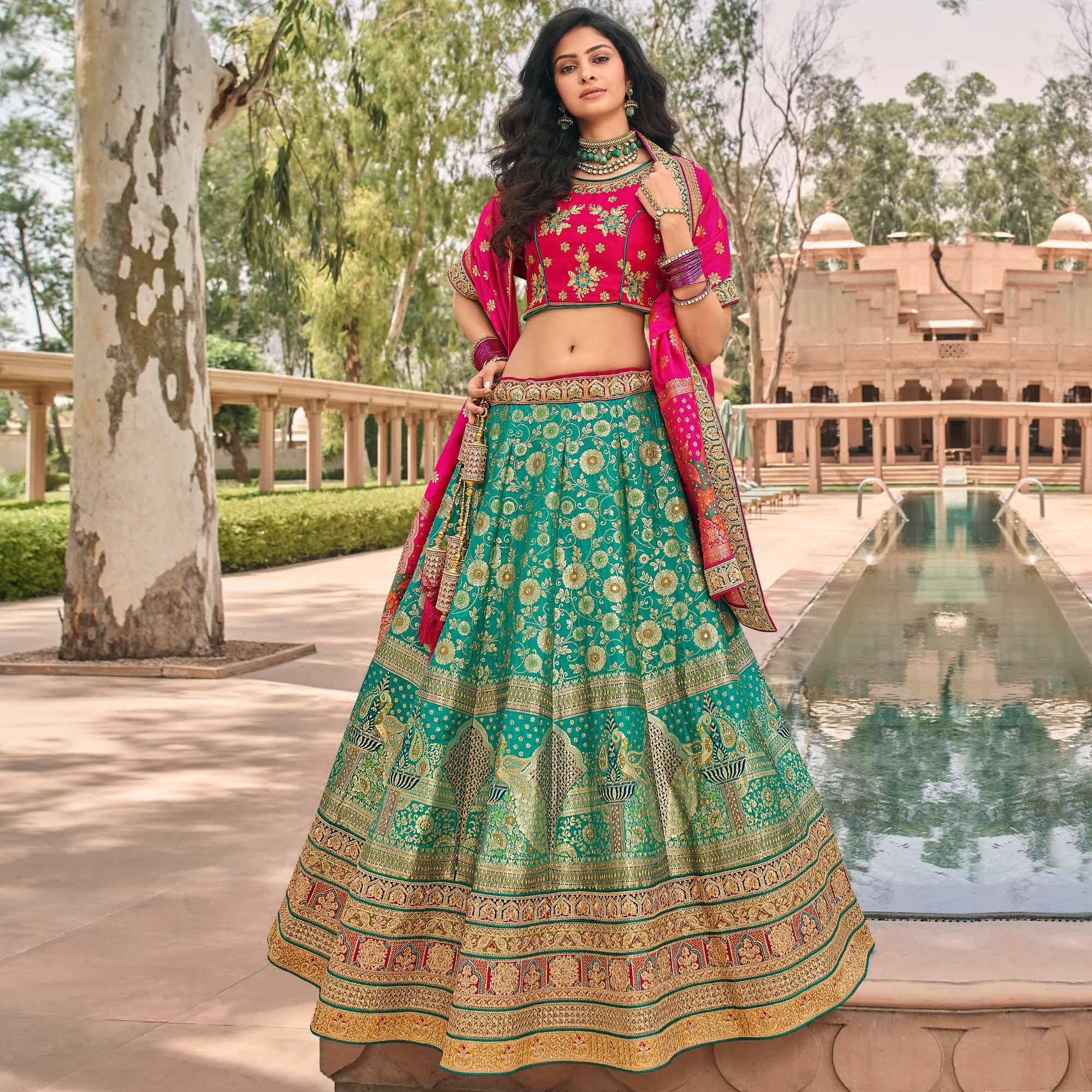 Light Green & Pink Wedding Wear Floral Embroidered With Woven Banarasi Silk Lehenga Choli - Peachmode