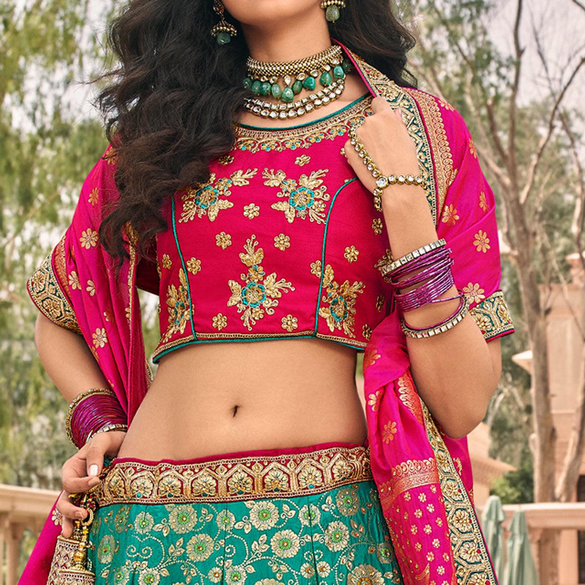 Light Green & Pink Wedding Wear Floral Embroidered With Woven Banarasi Silk Lehenga Choli - Peachmode