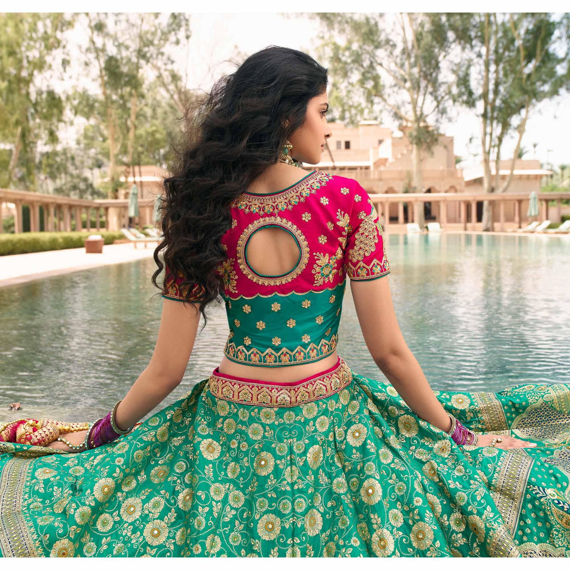 Light Green & Pink Wedding Wear Floral Embroidered With Woven Banarasi Silk Lehenga Choli - Peachmode