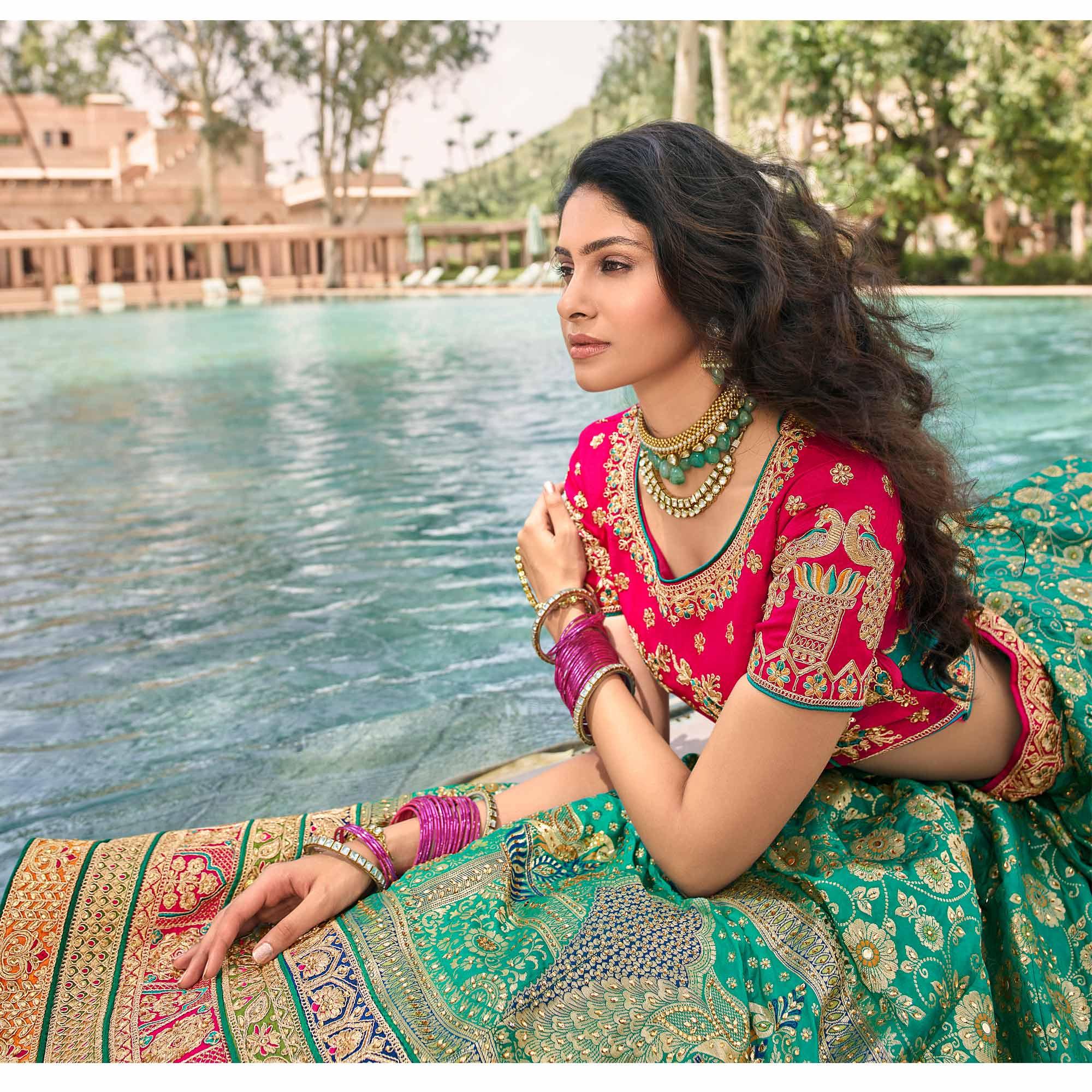 Light Green & Pink Wedding Wear Floral Embroidered With Woven Banarasi Silk Lehenga Choli - Peachmode
