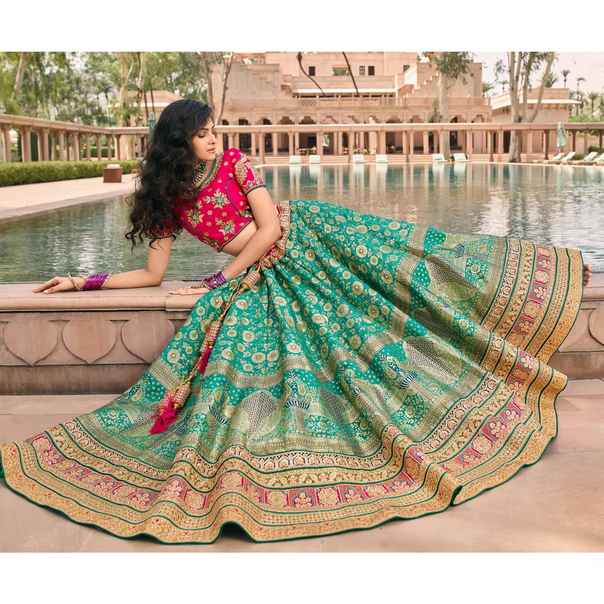 Light Green & Pink Wedding Wear Floral Embroidered With Woven Banarasi Silk Lehenga Choli - Peachmode