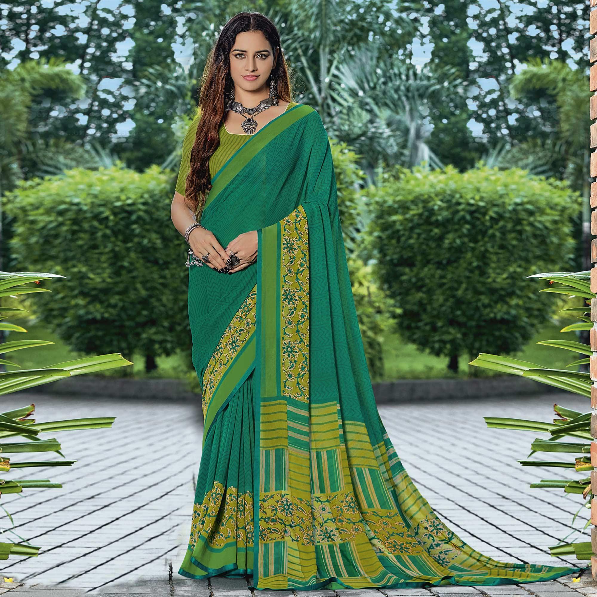 Light Green & Rama Casual Wear Floral Printed Georgette Saree - Peachmode