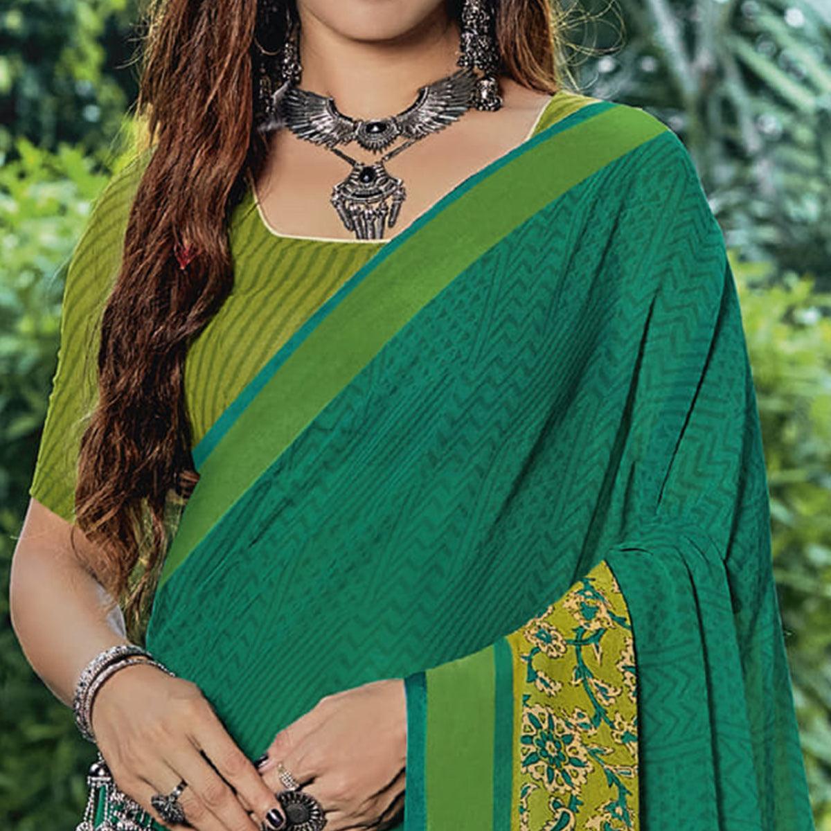 Light Green & Rama Casual Wear Floral Printed Georgette Saree - Peachmode