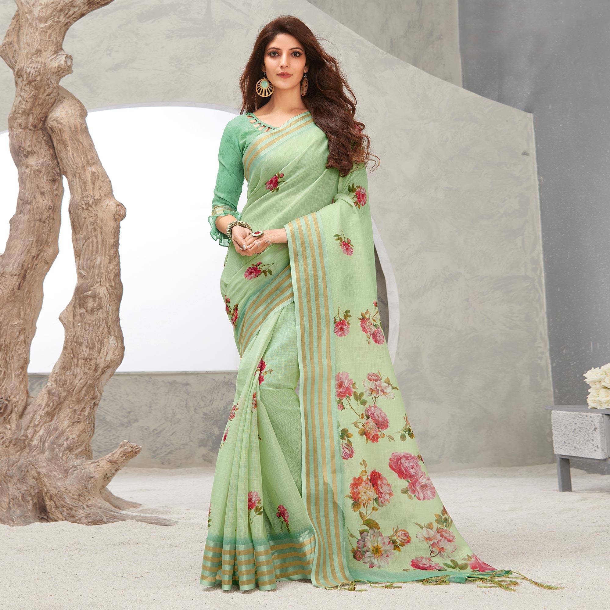 Light Green Casual Wear Digital Printed Pure Linen Saree - Peachmode
