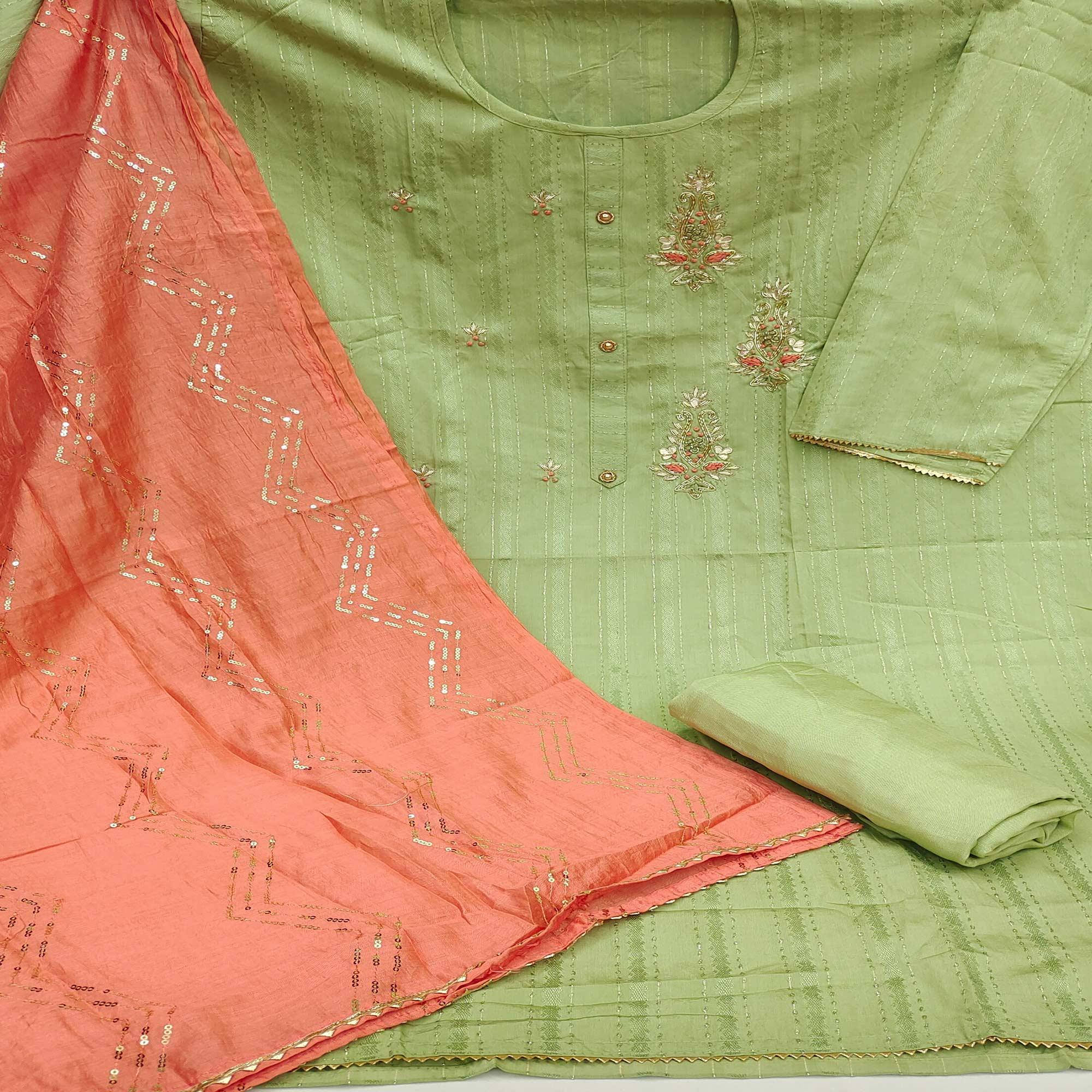 Light Green Casual Wear Embroidered Cotton Dress Material - Peachmode