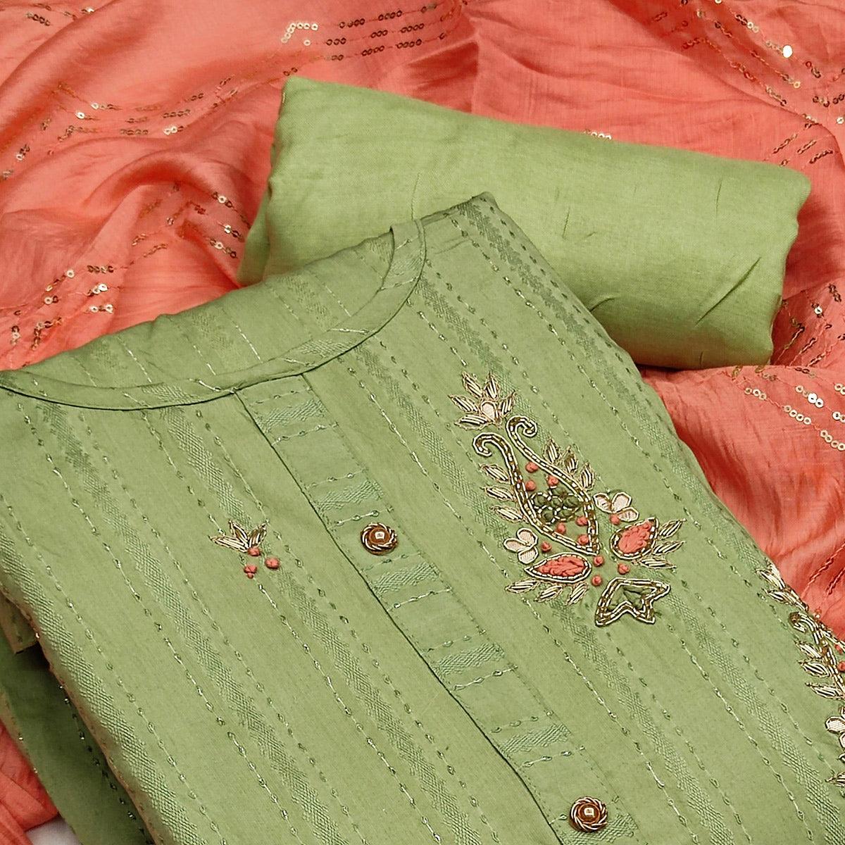 Light Green Casual Wear Embroidered Cotton Dress Material - Peachmode