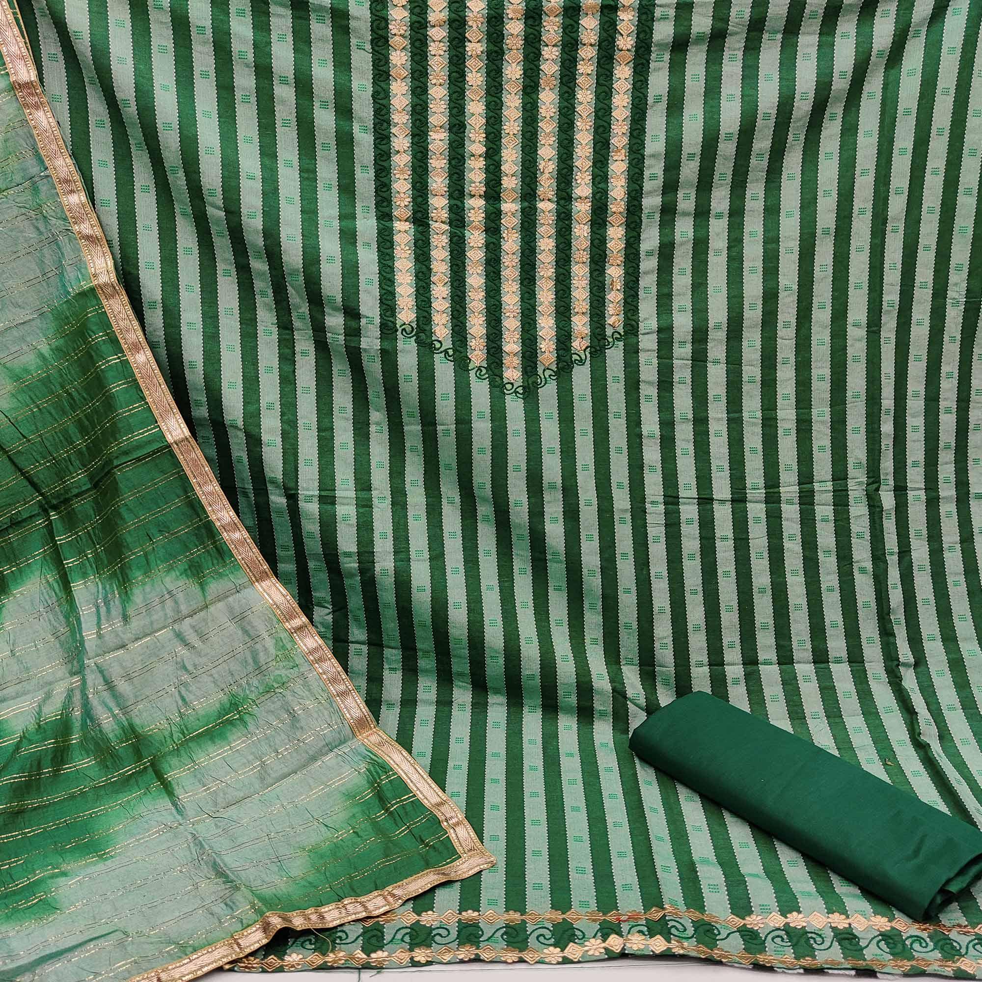 Light Green Casual Wear Embroidery With Hand Work Pure Cotton Dress Material - Peachmode
