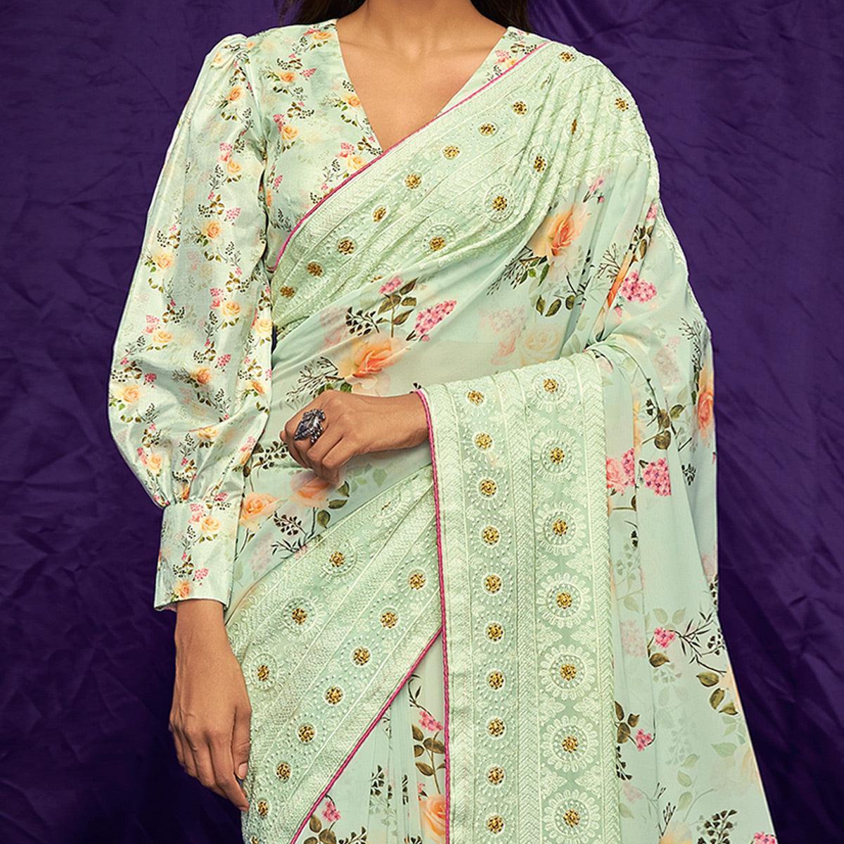 Light Green Casual Wear Floral Digital Printed Pure Georgette Saree - Peachmode