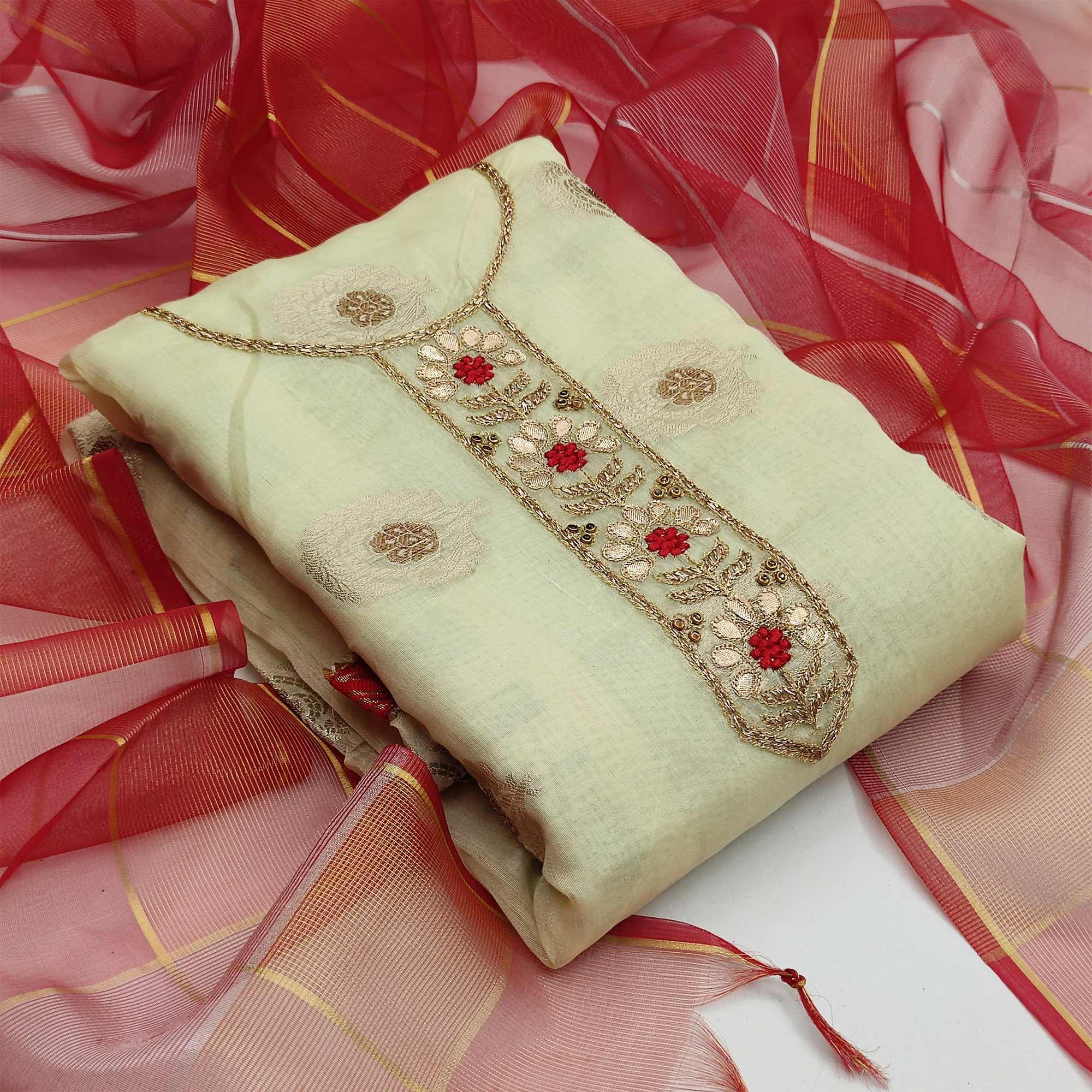 Light Green Casual Wear Floral Embroidery Modal Chanderi Jacquard Dress Material - Peachmode
