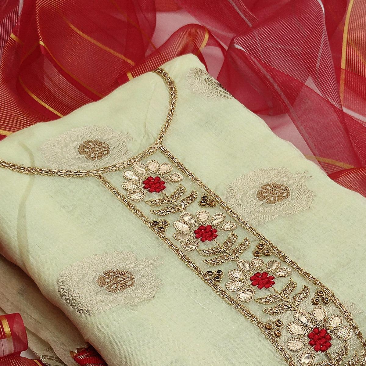 Light Green Casual Wear Floral Embroidery Modal Chanderi Jacquard Dress Material - Peachmode