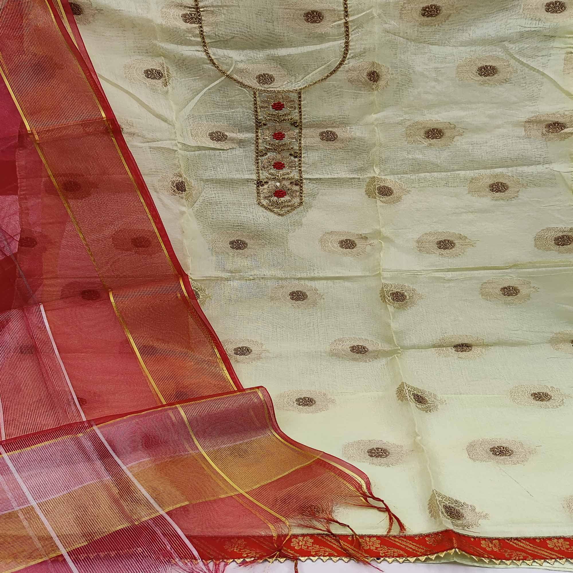 Light Green Casual Wear Floral Embroidery Modal Chanderi Jacquard Dress Material - Peachmode