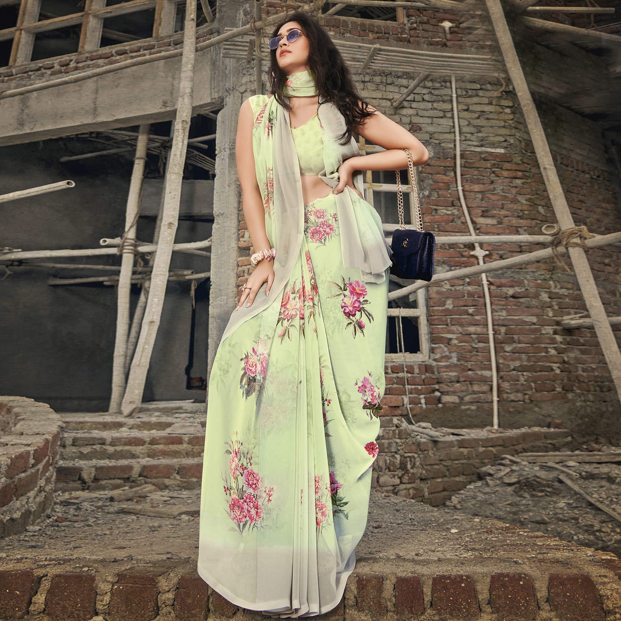 Light Green Casual Wear Floral Printed Georgette Saree - Peachmode