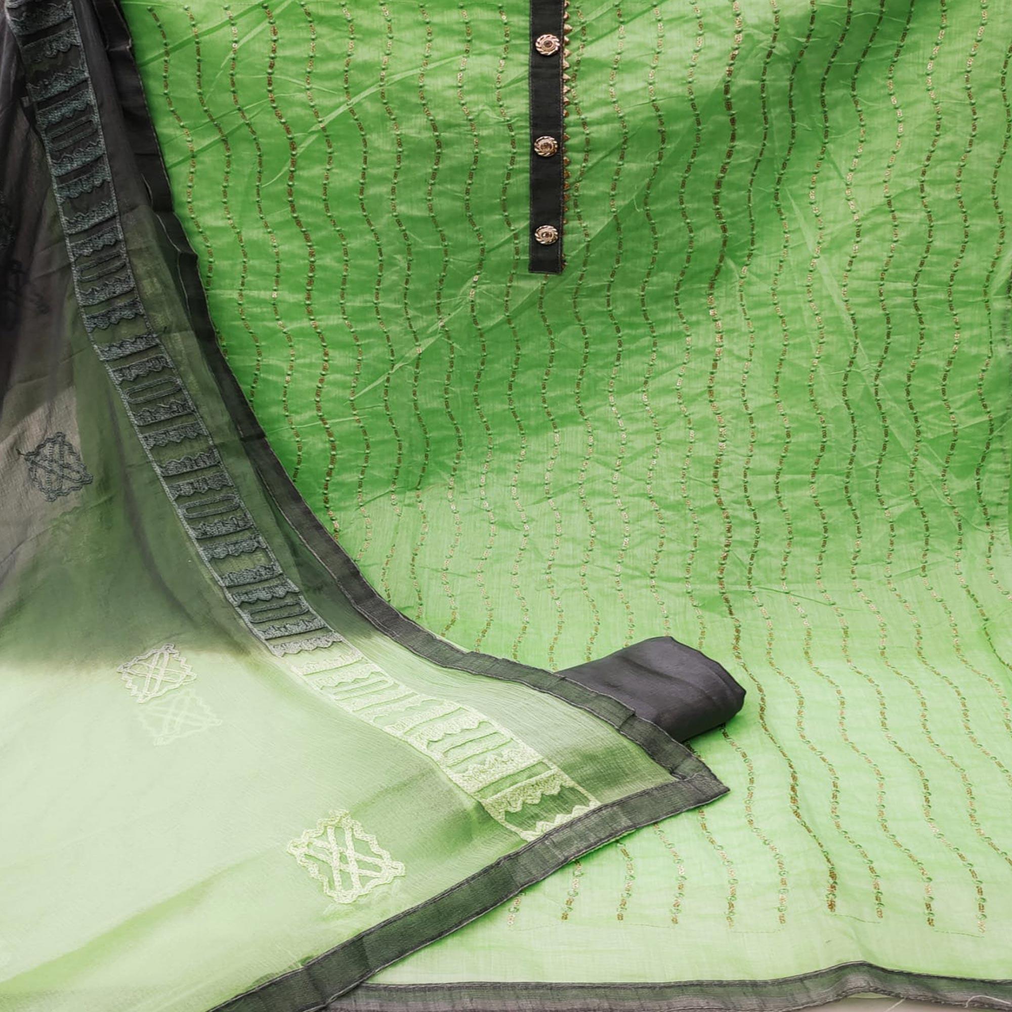 Light Green Casual Wear Sequence Embroidered Chanderi Dress Material - Peachmode
