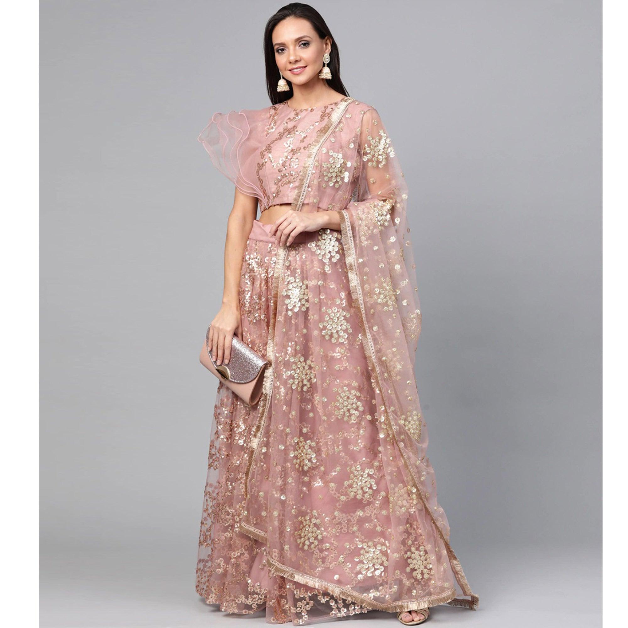 Light Green Designer Wedding Wear Thread Zari Work Soft Net Lehenga Choli - Peachmode
