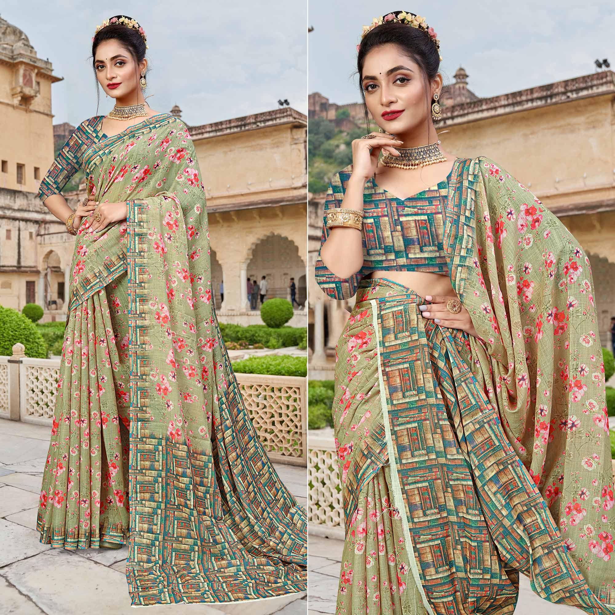 Light Green Digital Printed Linen Saree - Peachmode