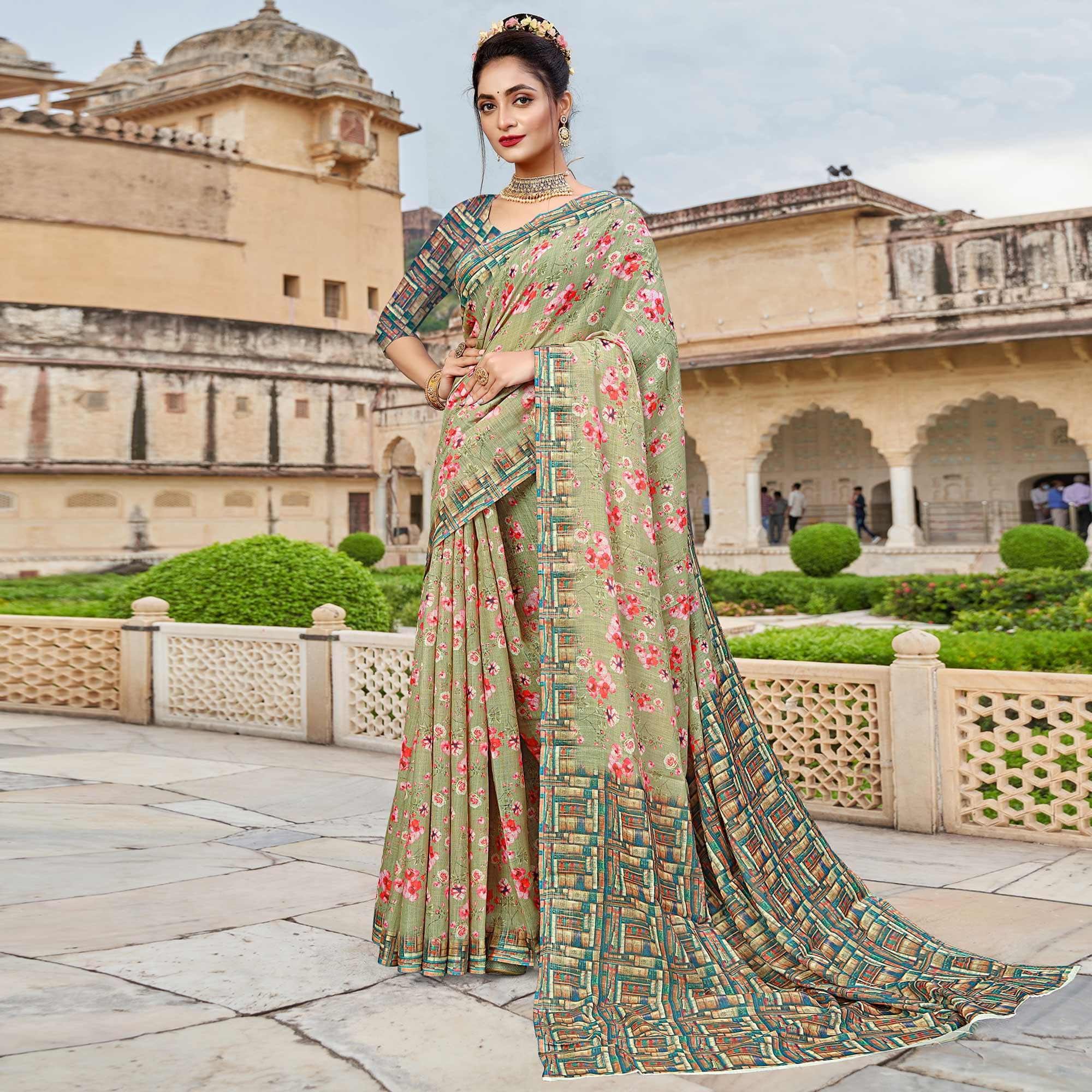 Light Green Digital Printed Linen Saree - Peachmode